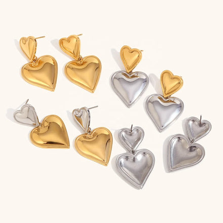 Dingran New 316L Stainless Steel Two Heart Drop Earrings 18K Gold Plated Tarnish Free Waterproof Unisex Jewelry