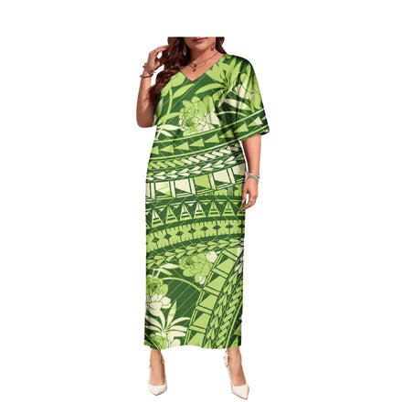 Fast Delivery Wholesale Factory Price Hawaiian Tribal Printing Women Short Sleeve Deep V Neck Loose Plain Long Maxi Casual Dress