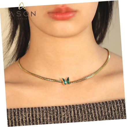 Ason Fashion Jewelry Custom Cuban Chain Necklace Stainless Steel 18k Gold Plated Cute Green Butterfly Charm Necklace for Women