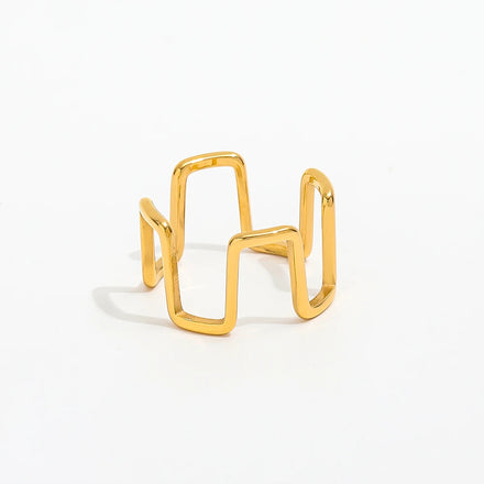 High End 18K Gold Plated Rectangle Gear Waved Lines Band Ring Stainless Steel Jewelry Trendy Finger Ring Tarnish Free