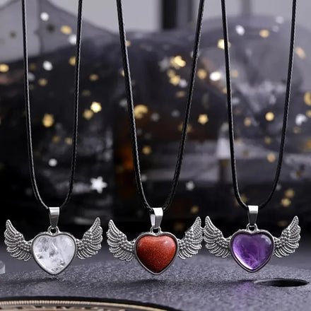Natural Stone Lovely Rose Quartz Heart Charm Pendant With Angel Wings Amethyst Gemstone Heart Angel Wings Pendant Necklace