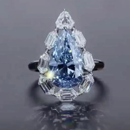 Simple Luxury Pear Shape High Carbon 925 Silver Plated Platinum Water Drop Blue Ring Jewelry