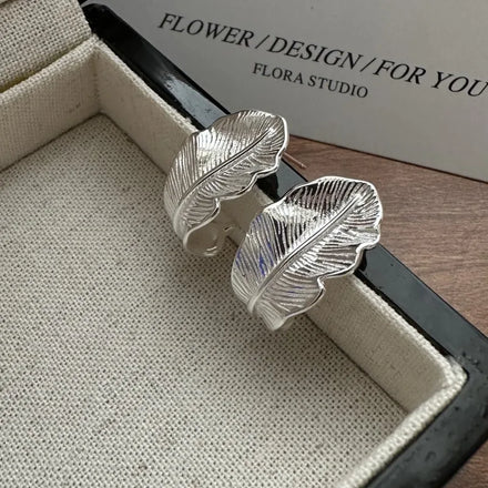 Vintage Wholesale Women Girls 925 Sterling Silver Chunky Feather Stud Earrings 2024 New Trendy Jewelry