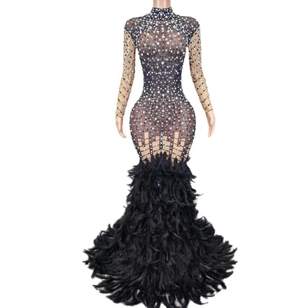 Elegant Mesh Ball Gown Crystal Feathers Prom Banquet Dress Lady Wedding Birthday Long Mermaid Dress Women Party Evening Dress