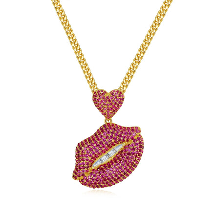 JINSE Colorful Lips Love Pendant Charm Fashion Gold Men's Hip Hop Jewelry Necklace Pendant Rope Chain