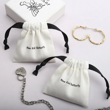 Custom Logo Printed Mini Brush Canvas Fabric Drawstring Bag for Earring Necklace Luxury Cotton Gift Storage Jewelry Pouch
