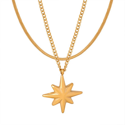 Ins Style Women Minimalist Dainty Fashion Jewelry 18k Gold Plated Stainless Steel Double Layers Design Star Pendant Necklace
