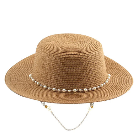 Women Summer Panama Beach Hat Lady Straw Fedora Sun Hat with Pearl Chain