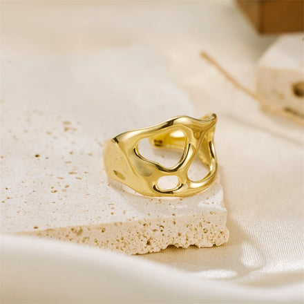Trendy Adjustable Gold Plated Chunky Irregularity Carve Ring for Women Stainless Steel Ring
