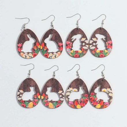 Geometric Lively Bunny Hollow Earrings Wooden Print Flower Easter Jewelry Egg Cute Rabbit Wood Drop Earrings for Women Girls