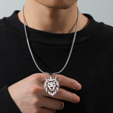 Lion with Crown Necklace Stainless Steel Wild Animal Hollow Pendant Exquisite Couple Jewelry Hip Hop Fashion Party Favors