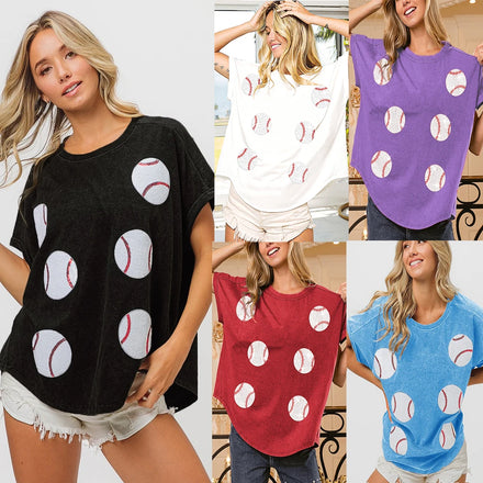 Summer New Fashion Women's Baseball Tee Vintage Washed Oversized T-Shirt with Sequin Ball Embroidery Graphic Loose Fit