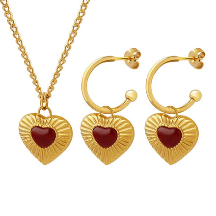 Luxury 18K Gold Design Sense Personality Elegant Roman Heart Red Agate Earrings Necklace Jewelry Set Peach Heart Red