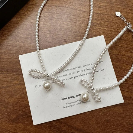 Beautiful Fine Jewelry 925 Sterling Silver Synthetic Pearl Strand Bowknot Beaded Necklace Bracelet for Women Girl