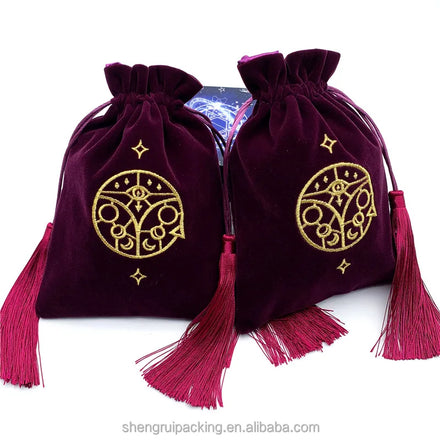 NEW Style Red Purple Velvet Cosmetic Bag With Satin Lined Gold Embroidery Velvet Tarot Cards Packaging Bags