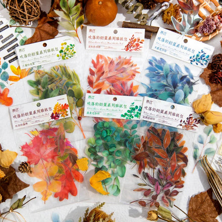 15pcs/pack PET Sticker Bag with Blown off Leaves a Series of Plant Collage Decorative Materials for Hand Curtains