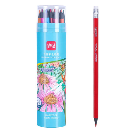 Deli 7072-24 24pcs/barrel Students Erasable Colored Pencil Kids Drawing Colored Pencils 96barrel*24pcs=2304pcs Per Carton Set