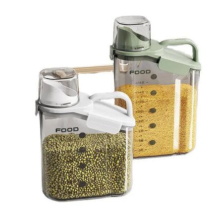 Portable Airtight Storage Container for Cereal Grain Pet Dry Food & Rice Kitchen Freshness Preserving Food Jar Measuring Cup