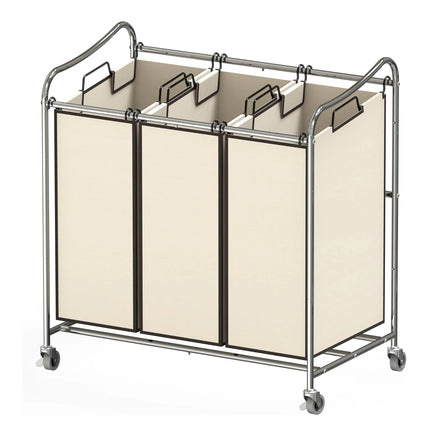Premium Quality Heavy-Duty 3-Bag Steel Frame Laundry Hamper Sorter Cart with Space-Saving Three Individual Bags