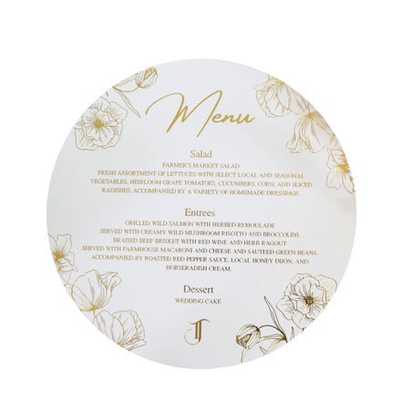 Elegant White Round Paper Menu Cards Personalized Logo Gold Foil Text Music Cross Angel Styles for Wedding Birthday Events