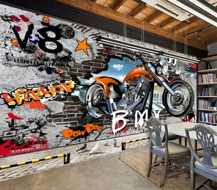 Retro Nostalgic Motorcycle Graffiti Poster Self-Adhesive Wallpaper Bar Ktv Internet Cafe Cafe Decorative Background Wall Sticker
