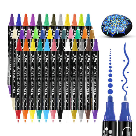 24 Colors Dual Tip Brush Tip & Fine Tip Fade Resistant Art Acrylic Paint Markers for Multi-Surface Use Rock Canvas Glass & Wood