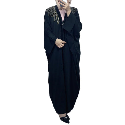 Pure Black Burgundy Dark Green Fabric Embroidery Pattern on Neck batwing Sleeve Free Size Prayers Robers for Muslim Women