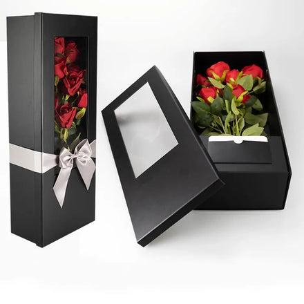 Wholesale High-End Custom Gift Packaging Rose Flower Boxes Paperboard PVC Window with Handle Featuring Matt Lamination Embossing