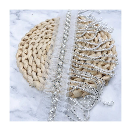 New Arrival White Tulle Lace Trim Fabric With Silver Beads and Tassel Peel Accessory for Wedding Evening & Garment Dress