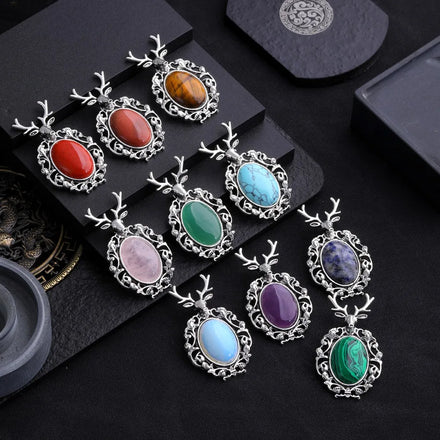 Assorted Natural Stone Deer Pendants Oval Gemstone Cabochon Elk Animal Design Charm Pendants for Necklace Accessory