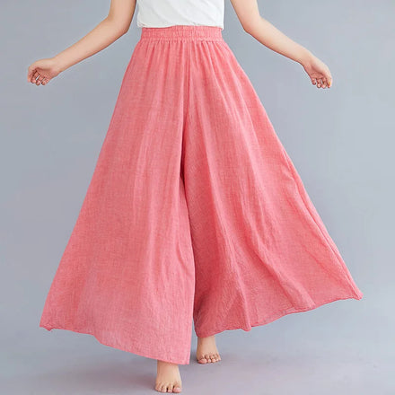 Literary Style Oversized Cotton and Linen Wide Leg Pants Skirt Elastic Waist Linen Solid Color Large Hem Skirt Pants