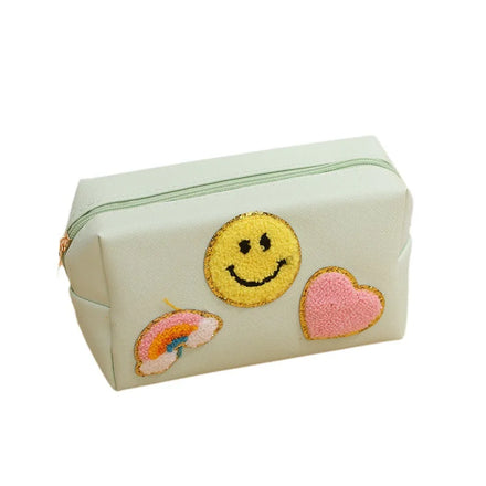 Customized New Hot Towel Embroidered Letters smiley Face Cosmetic Bag Women's Ins Wash Bag Storage Chenille Material Coin Purse