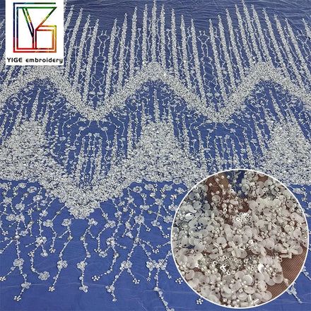 Luxury French Embroidery White Beaded Bridal Mesh Lace With Pearl Sequins for Wedding Dress Fabric