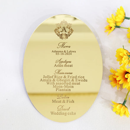 Oval Gold Mirror Acrylic Menu Cards With Engraved Text Luxury DIY Wedding Dinner Laser Cut Acrylic Menus