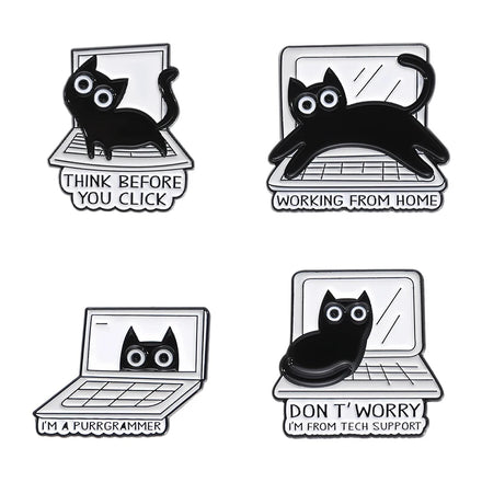 A Black Cat Working on Computer Custom Wholesale Anime Funny Soft Enamel Pins for Hats Bags