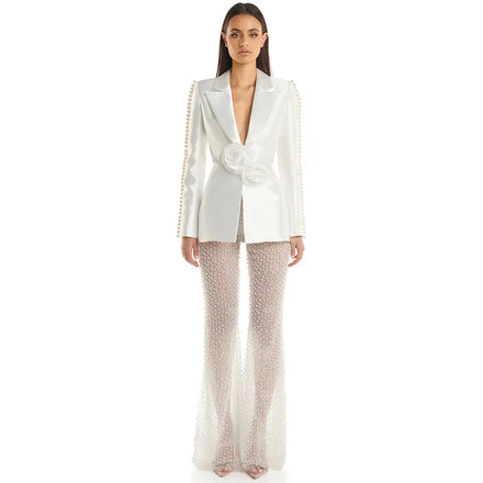 2026 Spring Lady Fine Workmanship Beading Solid Suit Long Sleeve Hollow Out Waist Blazer See-through Flared Pants Women 2Pcs