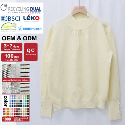 Custom Turtleneck Sweater Drop Shoulder Long Sleeved Women Knitted With White Buttons and Pleated Collar Pullover Knitwear