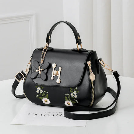 2024 New Stylish Autumn Winter High Quality Vintage Fashion PU Bucket Bag with Embroidery and Chains Single Shoulder Crossbody
