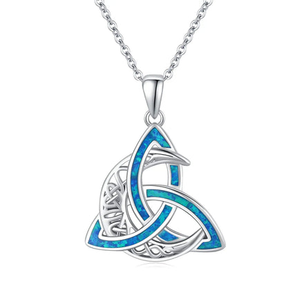 Wholesale Celtic Knot Moon Goddess Cross Irish Pendant Shamrock Ocean Blue Opal Pendant Necklace Christian Jewelry