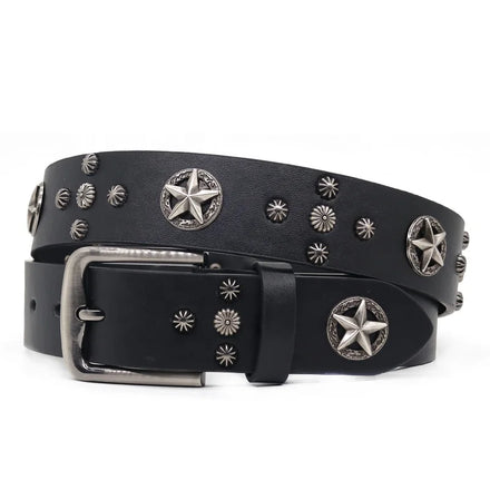 Designer Designed Black Domineering Punk Men's Pentagram Rivet Alloy Buckle Genuine Leather Belt