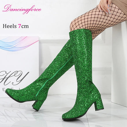 Glitter Knee High Costumes 60s 70s Retro Gogo Boots Nightclub Go Go Party Dance Shoes for Ladies Large Size 46