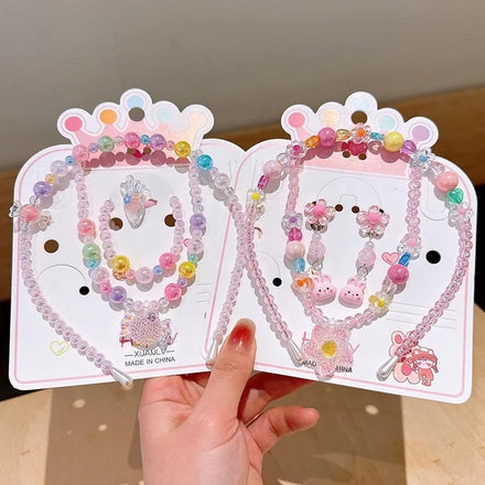 New Children's Necklace Jewelry Set Dazzling Beaded Bracelet Cartoon Headband Earrings Princess Girls Accessories