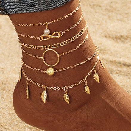 5PCS Boho Women Layer Geometric Gold Chain Leaf Pearl Anklet Jewelry Set Heart Ball Metal Pendant Beach Anklet Foot Bracelets