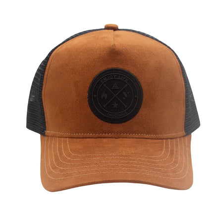 Mesh Back Curved Trucker Men and Women Baseball Cap 5-Panel Leather Patch Snapback Closure for Hunting Hiking Suede Trucker Hat