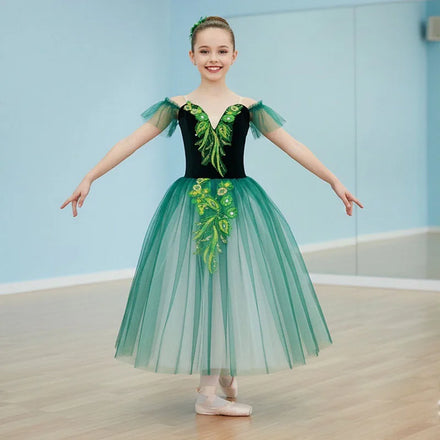 Girls Ballet Tutu Dress Gymnastics Leotard White Long Ballet Dress Girls Princess Ballerina Dance Costume Birthday Party Dress