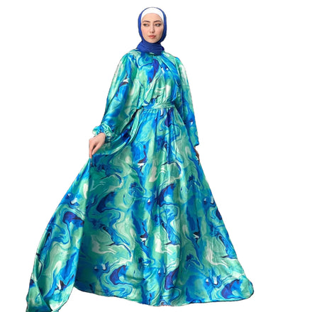 Traditional Eid Printed Satin Abaya Dress Kaftan for Women Modest Islamic Clothing for Ramadan for Women's Islamic Wear