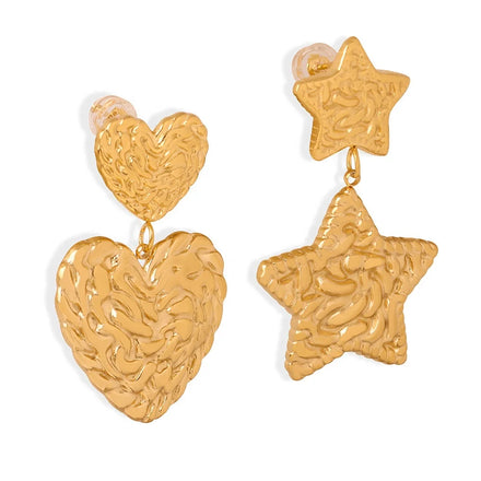 Ins Style Wholesale Dainty Senior Jewelry 18k Gold Plated Stainless Steel Heart Star Texture Pendant Earrings for Women