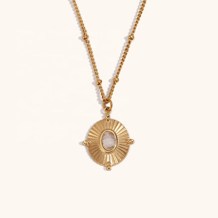 Dingran 2024 New Arrival Natural Stone White Crystal Flower Oval Pendant Necklaces Waterproof Stainless Steel Jewelry