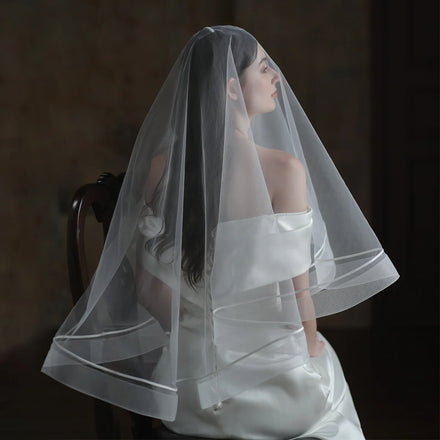 Hot Sell Latest Two Layers Ribbon Edge Tulle Wedding Bridal Veil for Women Lace Wedding Veil