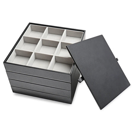 Custom Logo Black PU Leather Jewelry Tray with MDF 4 Layers Stackable Organizer with Lid Bulk Order Charming Packing Model D005